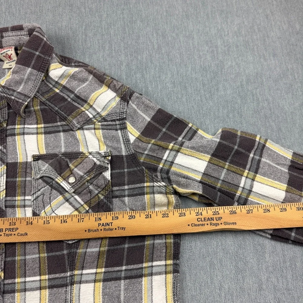 True Religion Shirt‎ Men 2XL XXL Brown Plaid Snap Button Up Flannel Long Sleeve